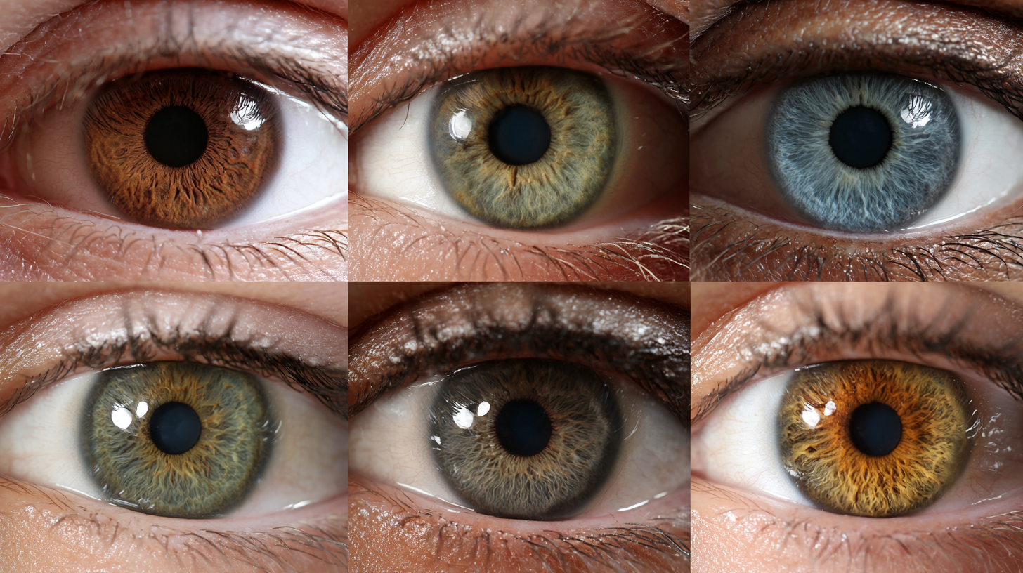 Eye color chart showing the 7 main human eye colors: brown, blue, green, hazel, gray, amber, and black