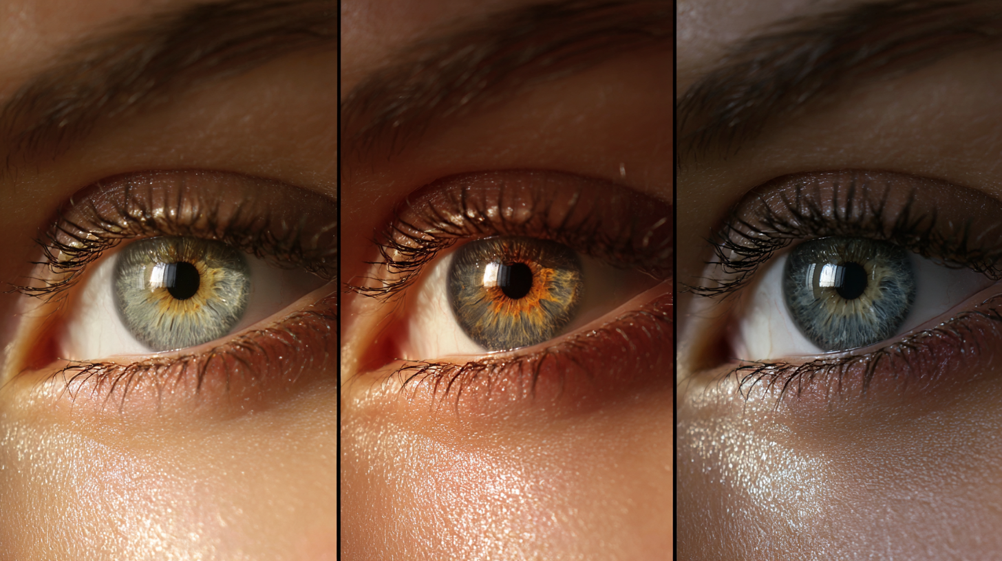Same eye photographed in different lighting showing how eye color appears to change from green to hazel to brown