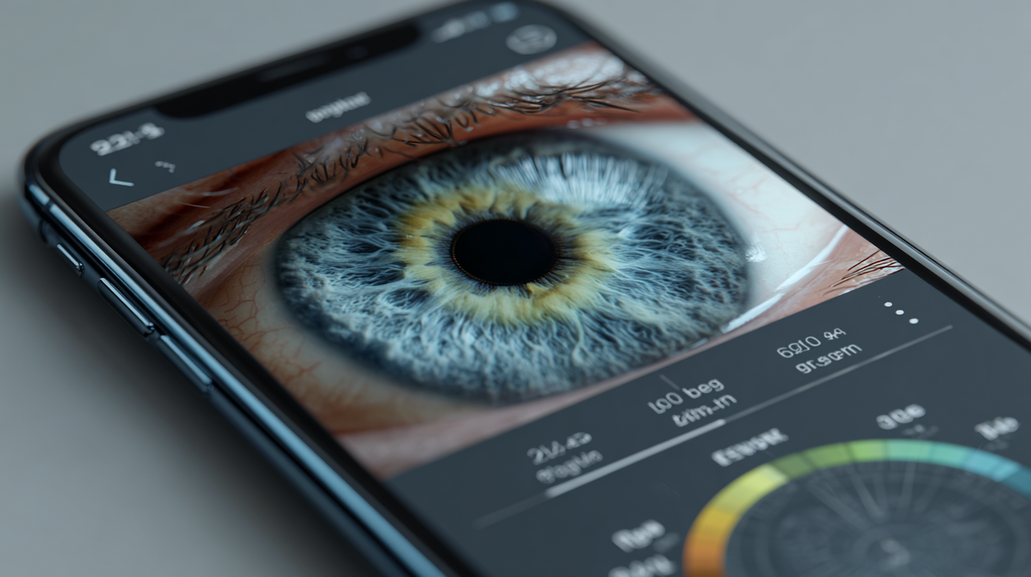 Eye Color Identifier app showing AI iris analysis with color breakdown results on iPhone screen