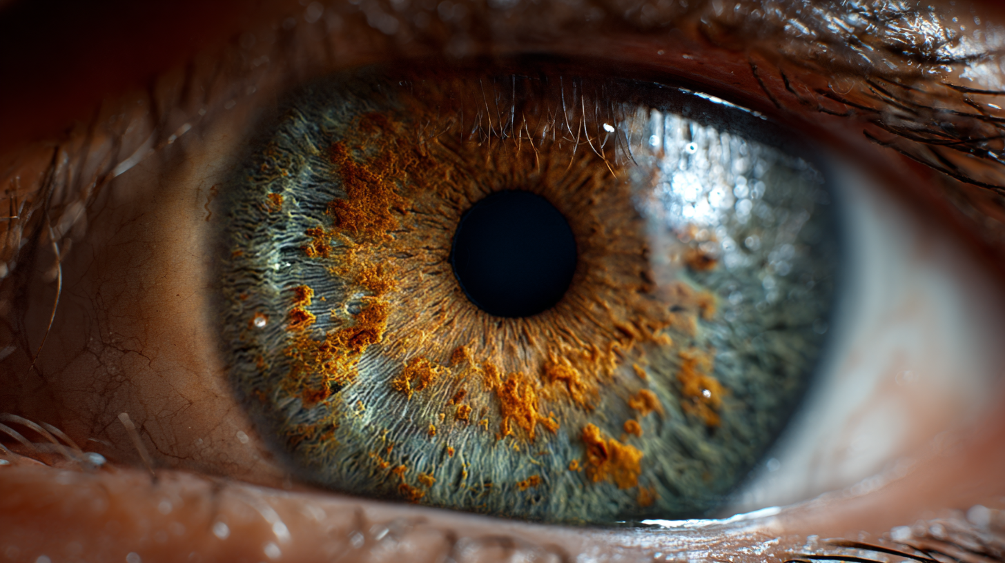 Human eye iris close-up showing brown green and amber pigmentation patterns