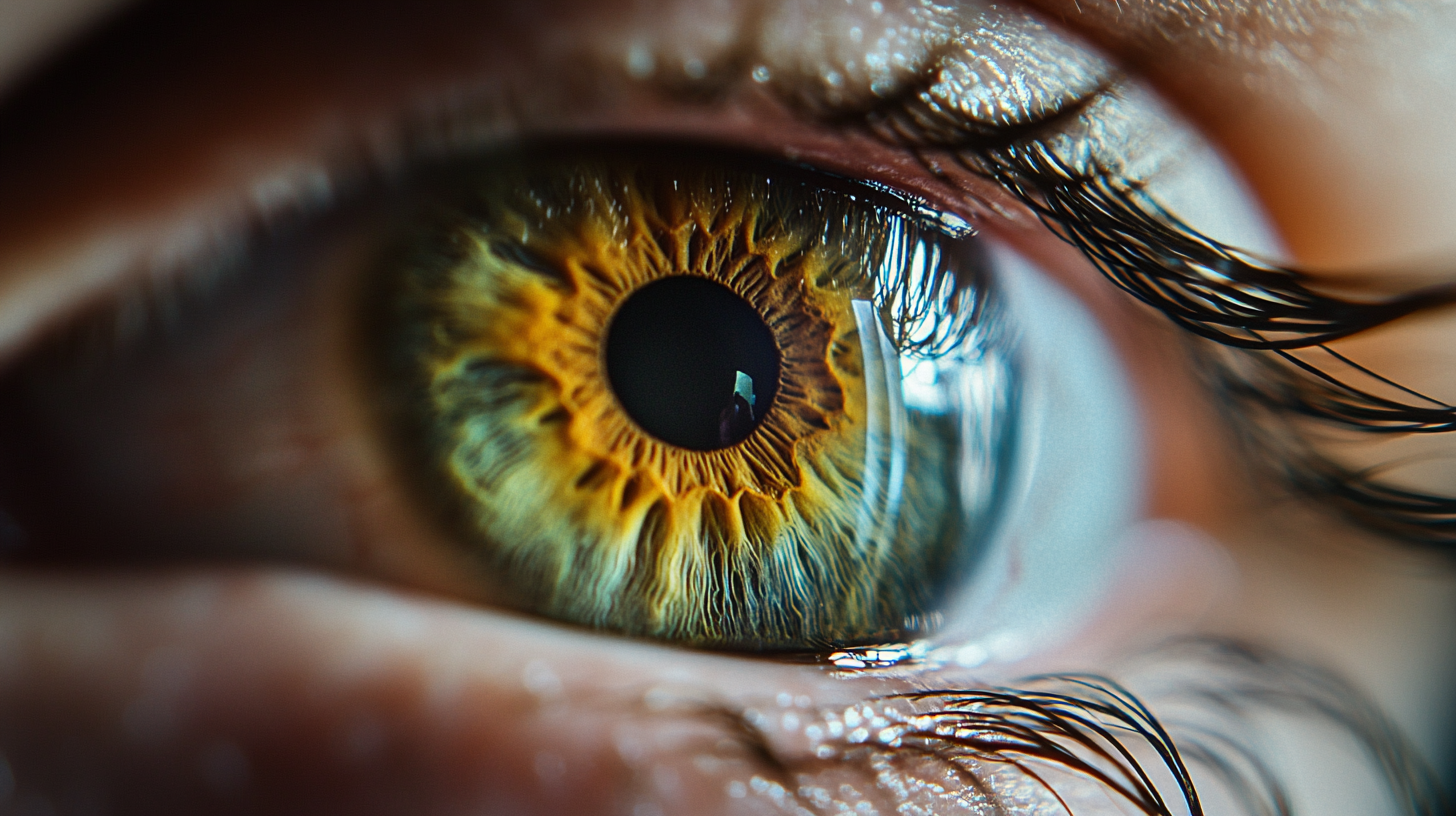 Close-up macro photo of hazel eyes showing green, brown, gold and amber tones in the iris