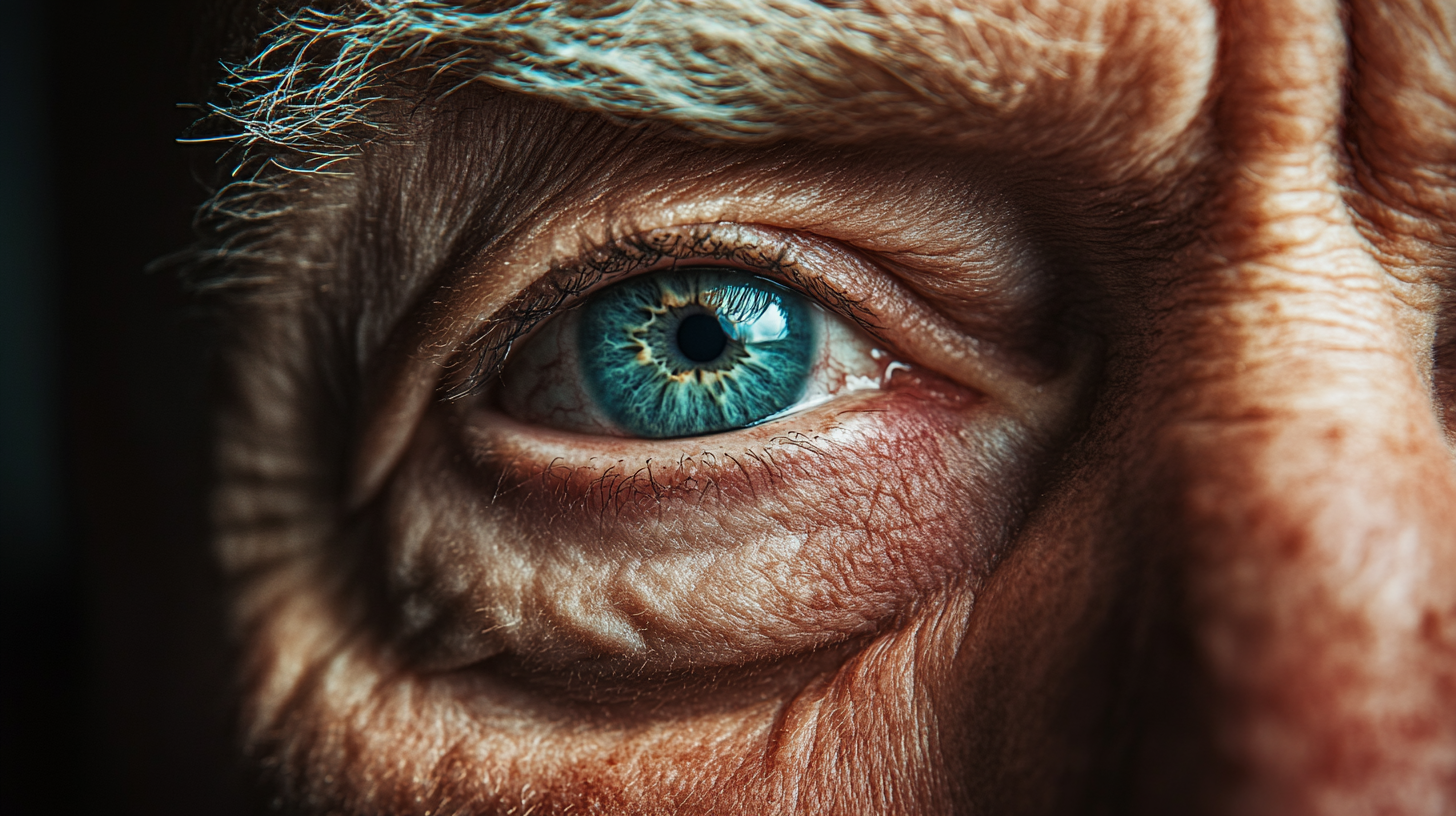 Close-up of elderly person's eye showing age-related lightening of eye color due to reduced melanin production