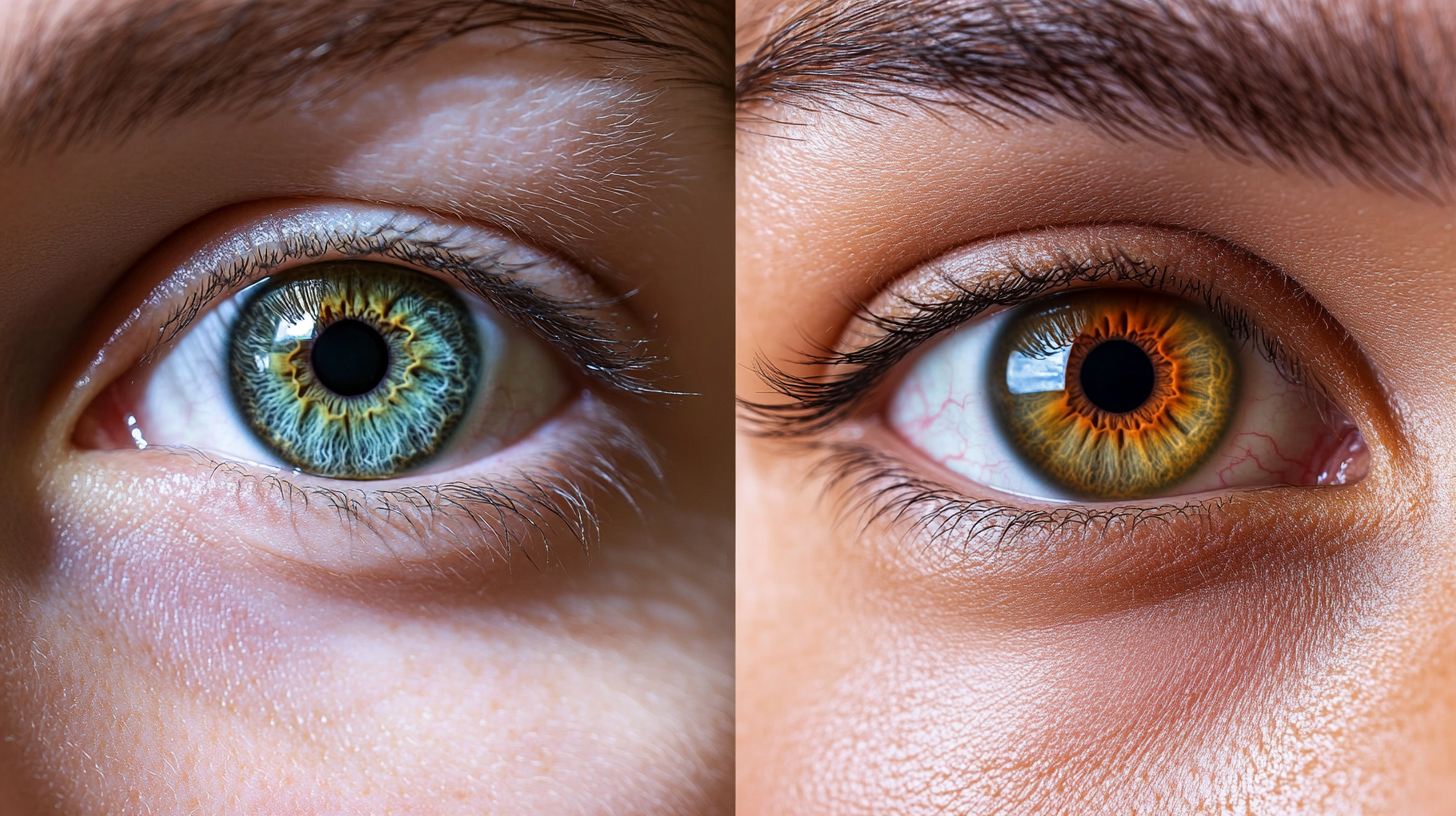 Same eye in four different conditions showing how lighting, pupil size, and redness make eye color appear to change without actual pigment change