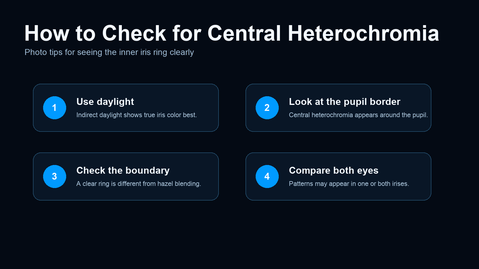 How to check for central heterochromia with daylight, pupil border, boundary and both-eye comparison tips