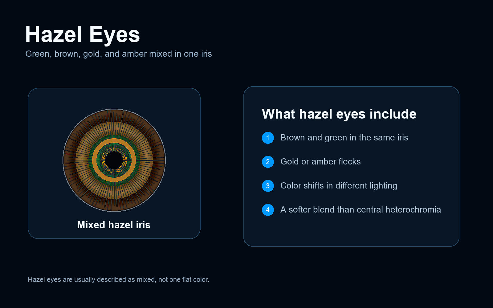 Hazel eyes color guide showing a mixed iris with green, brown, gold and amber tones