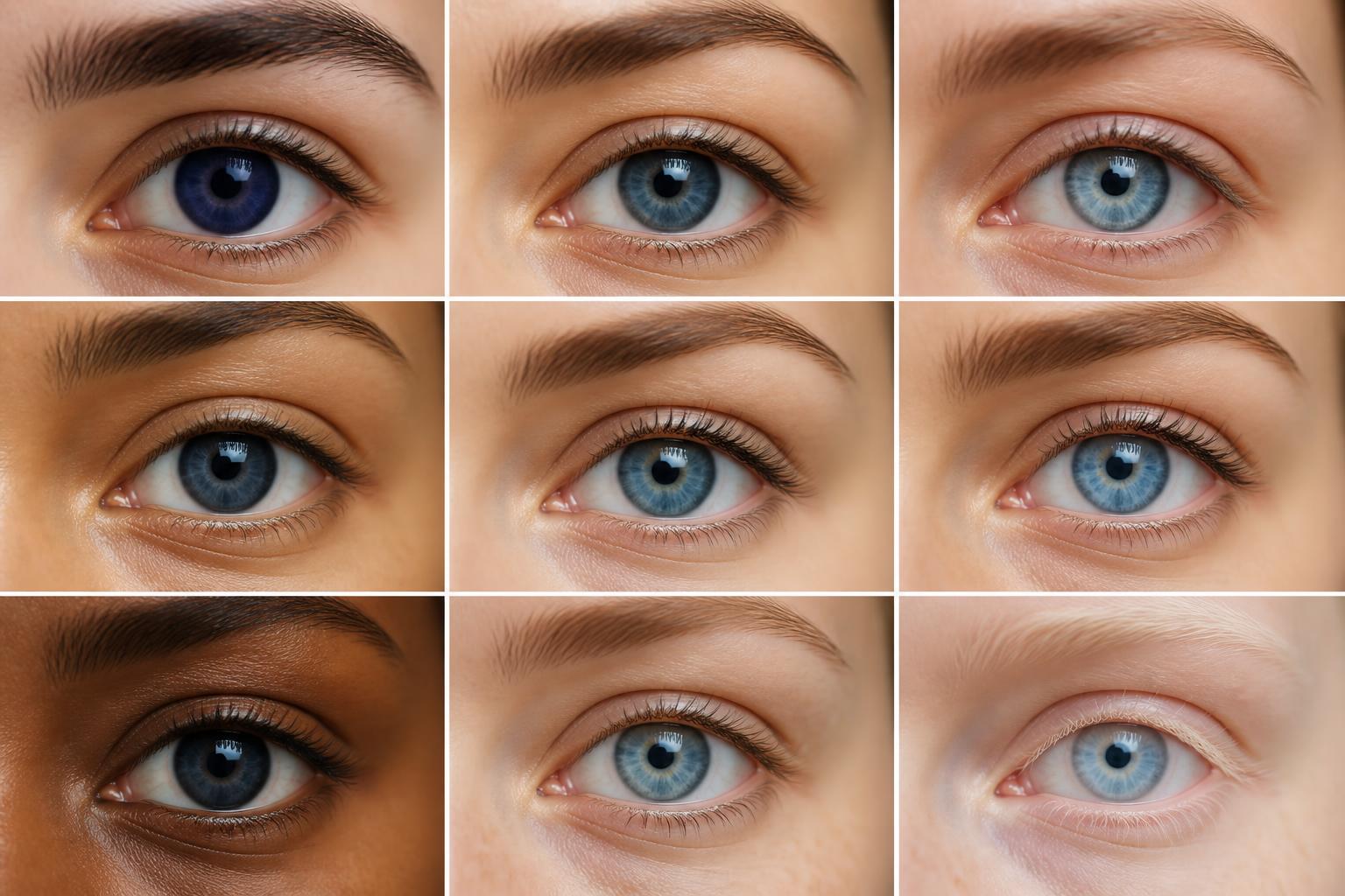 Comparison of blue eye color shades from dark blue to lightest blue