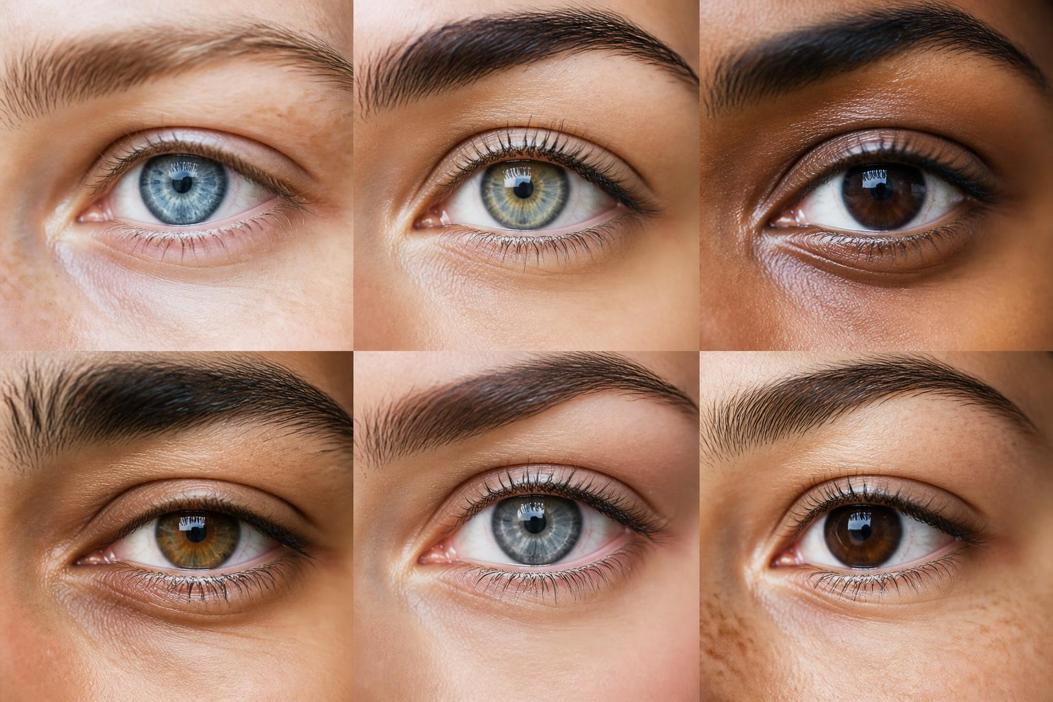 Close-up comparison of different human eye colors including blue, green, hazel, gray, and brown