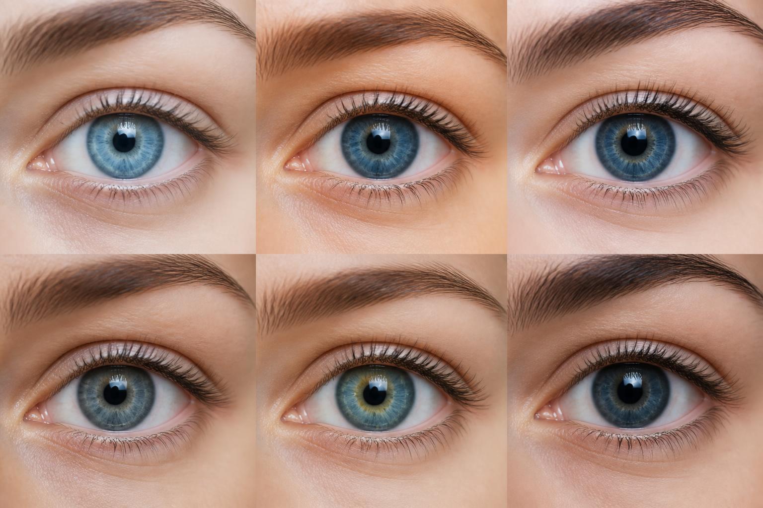 bleu yeux: Comparaison visuelle de plusieurs nuances d’yeux bleus, du clair au bleu-vert