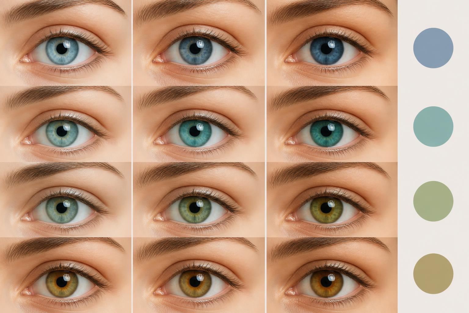 Illustration of blue green eye color shades compared with blue, green, and hazel tones