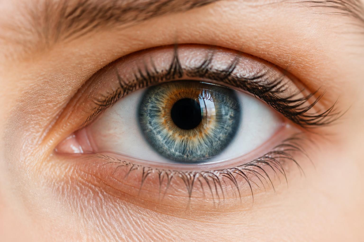 Close-up of an eye with bluish hazel tones in natural light