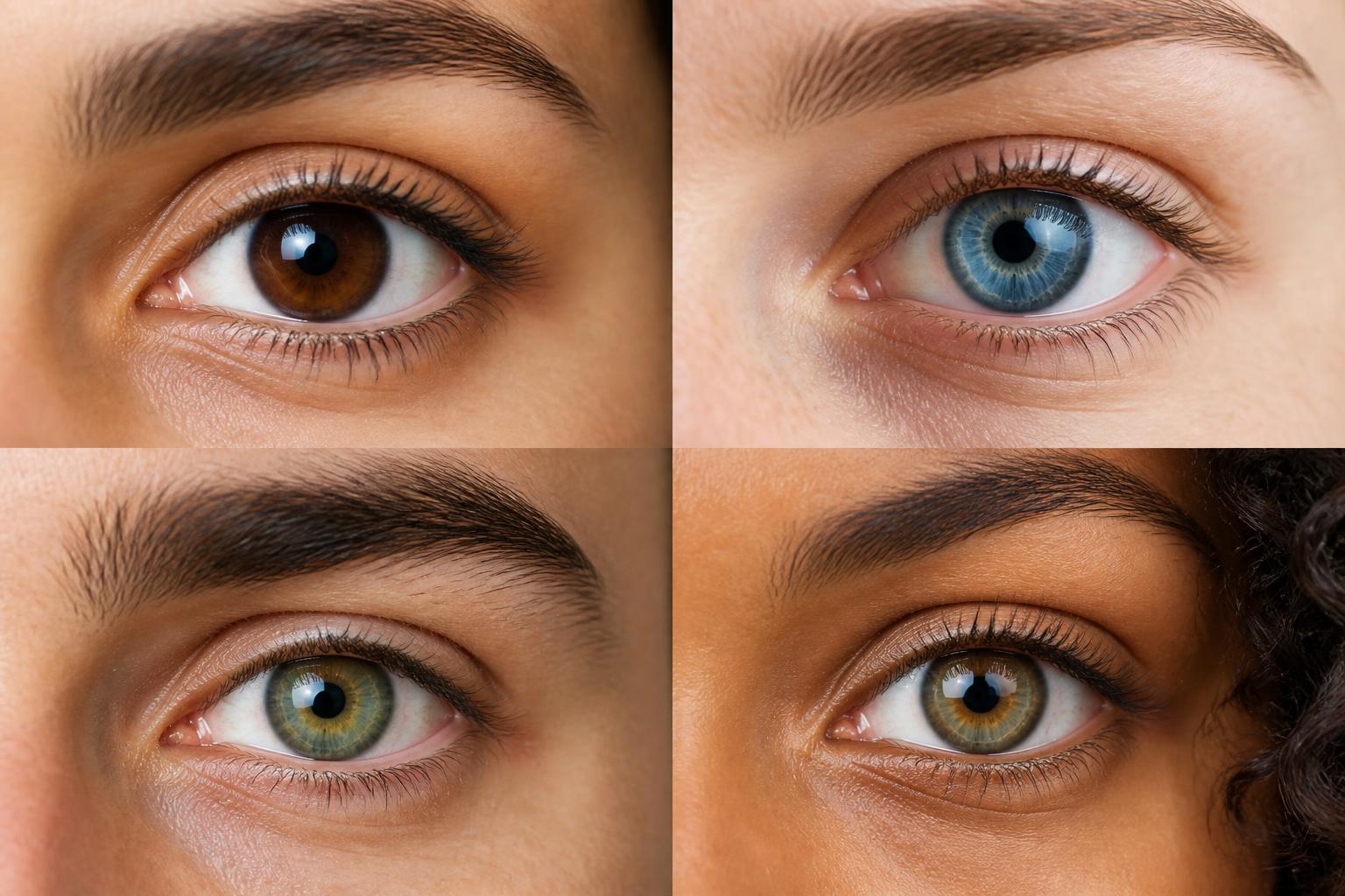 brown blue green eyes: Side-by-side eye closeups showing brown, blue, green, and mixed irises