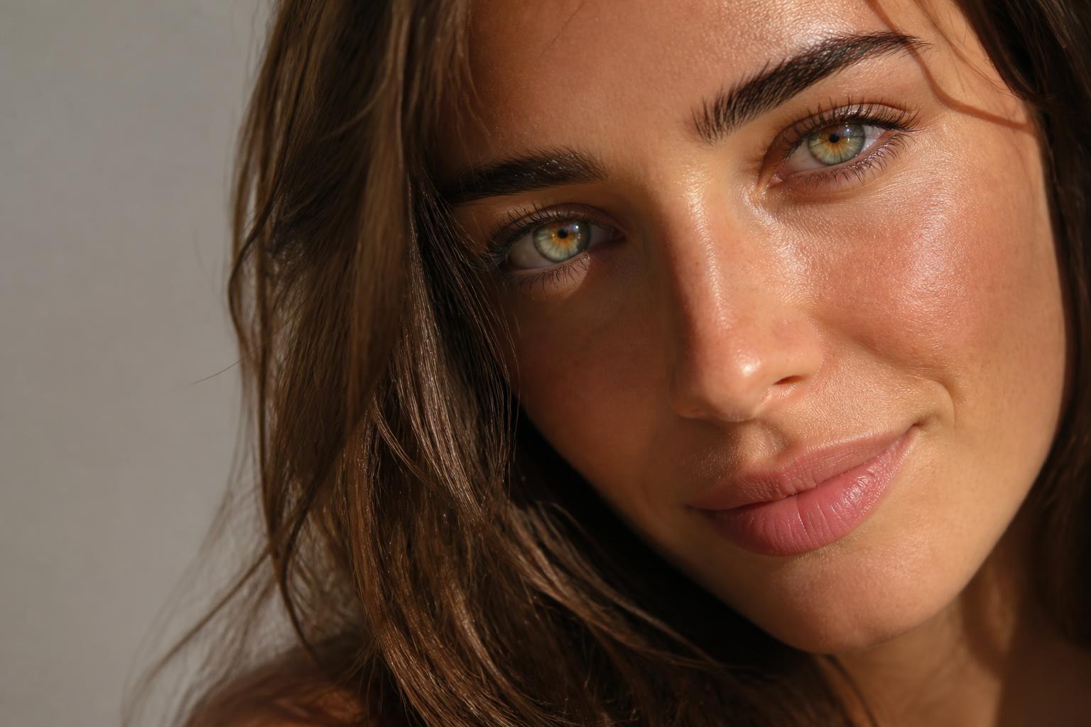 Portrait en lumière naturelle montrant des yeux noisette aux nuances dorées