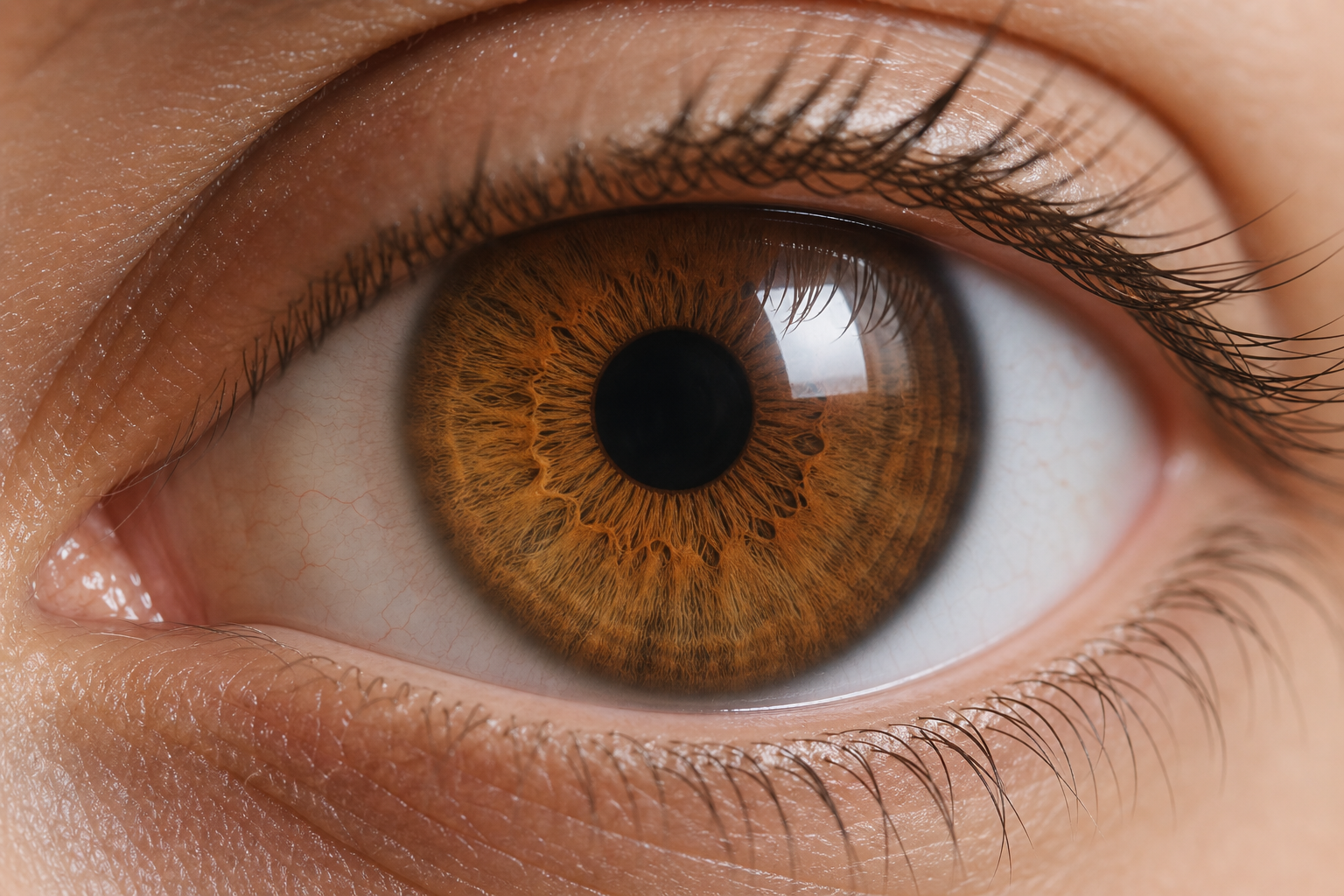 Close view of a warm amber-brown iris in neutral daylight.
