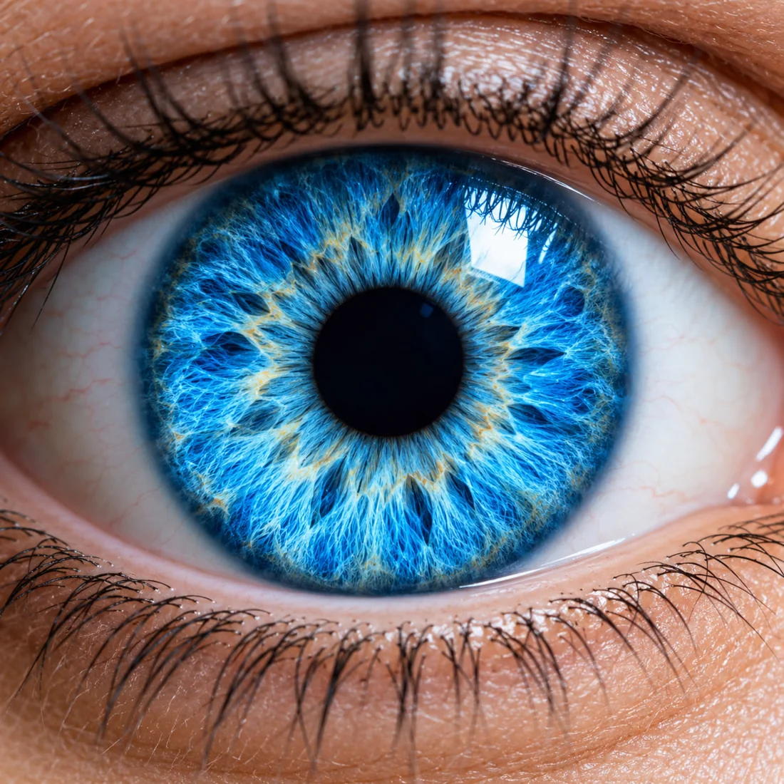 Close-up of a vivid blue iris with intricate natural patterns